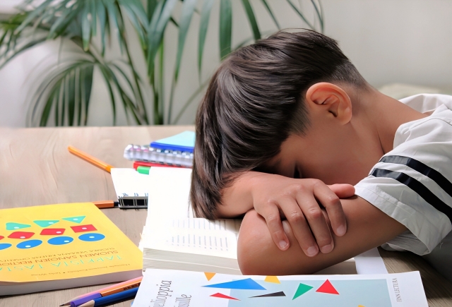 机で顔を伏せて寝ている男の子