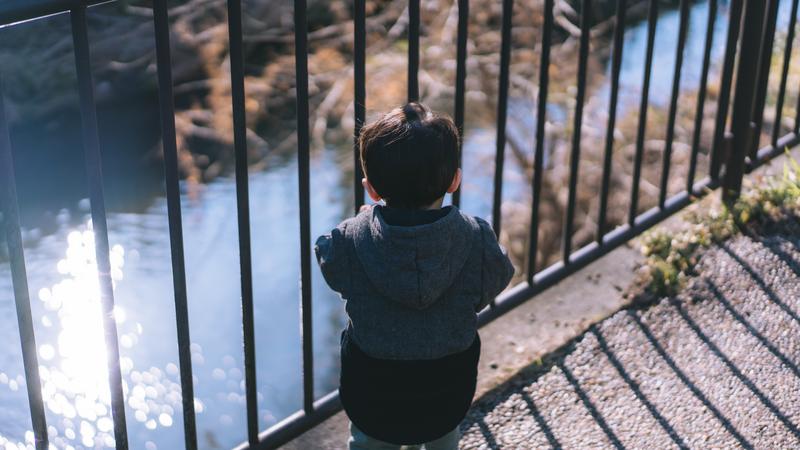 男の子が川を眺めている写真