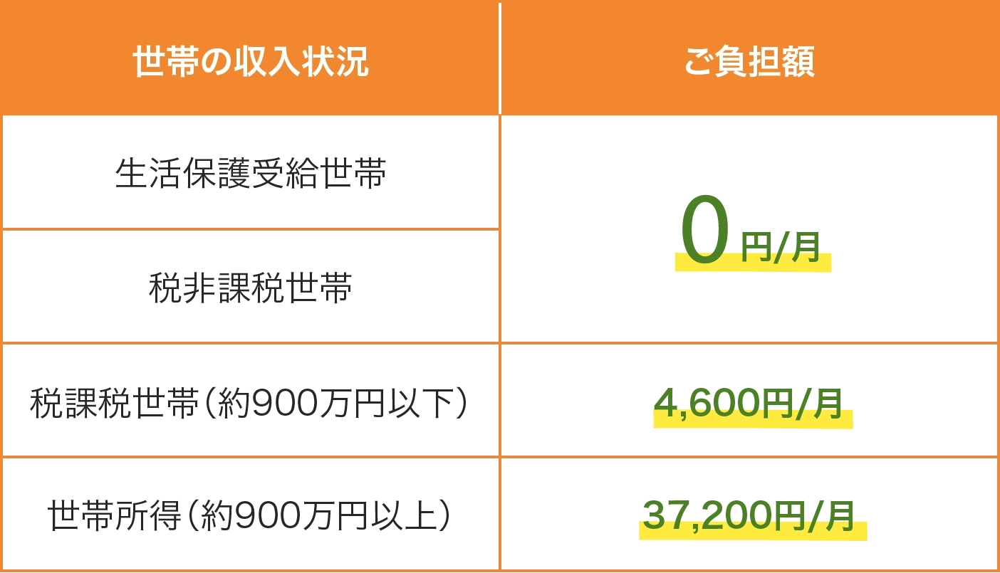 負担上限額の表|世帯所入状況、ご負担額、生活保護・税非課税世帯0円、税課税世帯900万以下(4,600円/月)、世帯所得900万以上(37,200円/月)