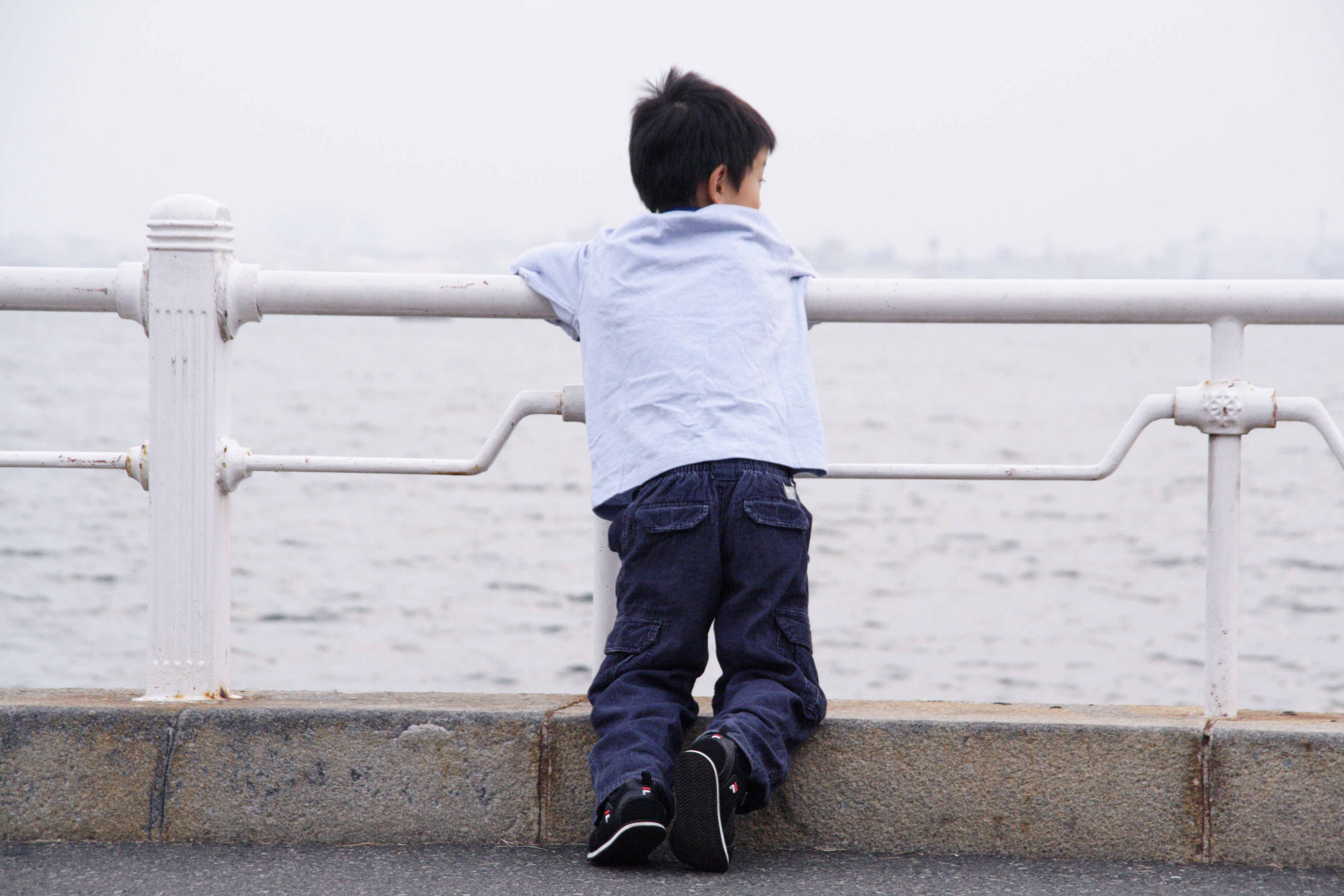 男の子が海を見つめている写真